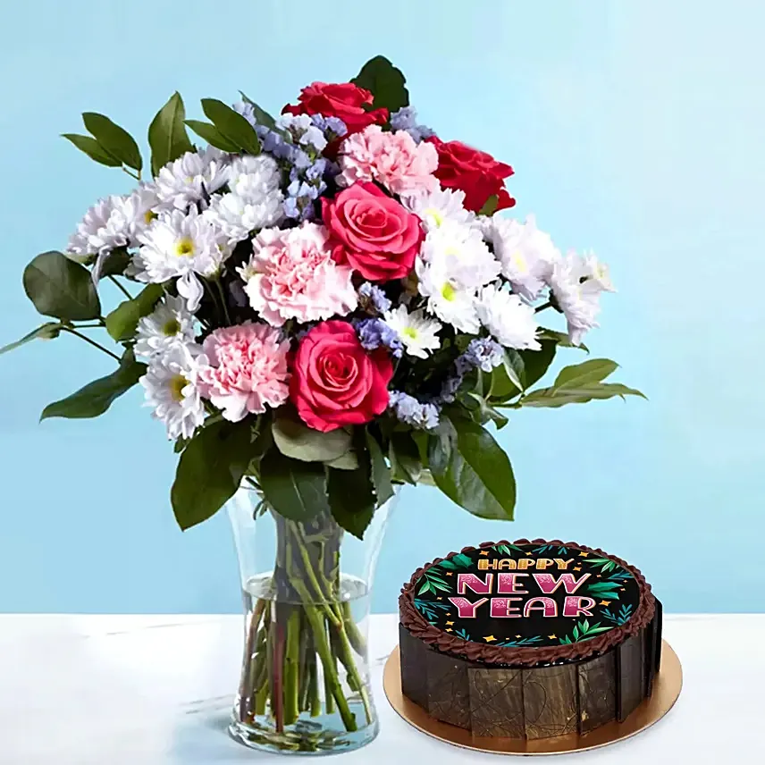 Mixed Flowers Vase N Cake: Cake for New Year